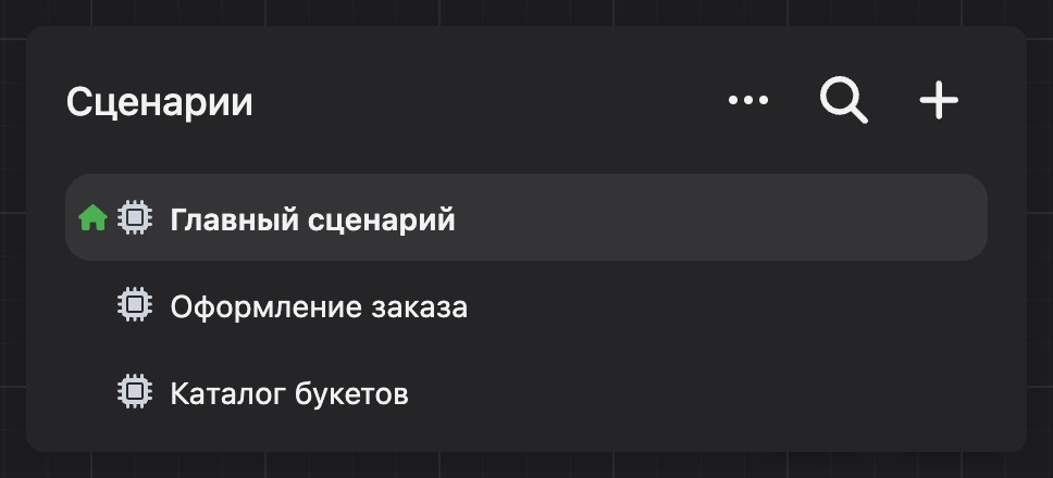Окно «Сценарии»: главный сценарий отмечен домиком, ниже — остальные сценарии бота