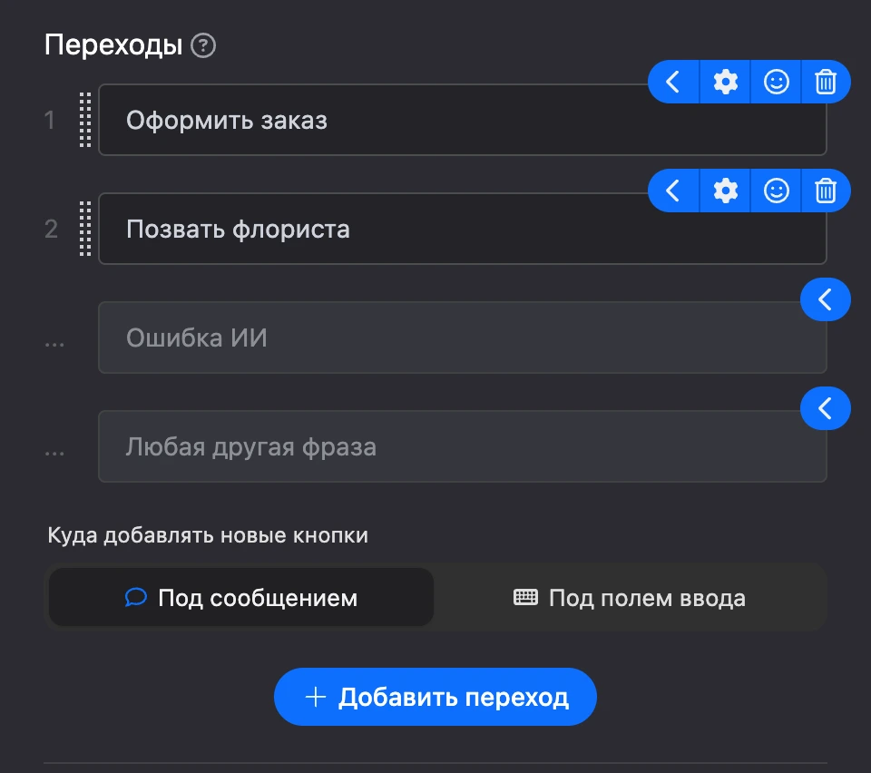Раздел «Переходы»: «Оформить заказ» и «Позвать флориста», ниже — «Ошибка ИИ» и «Любая другая фраза»