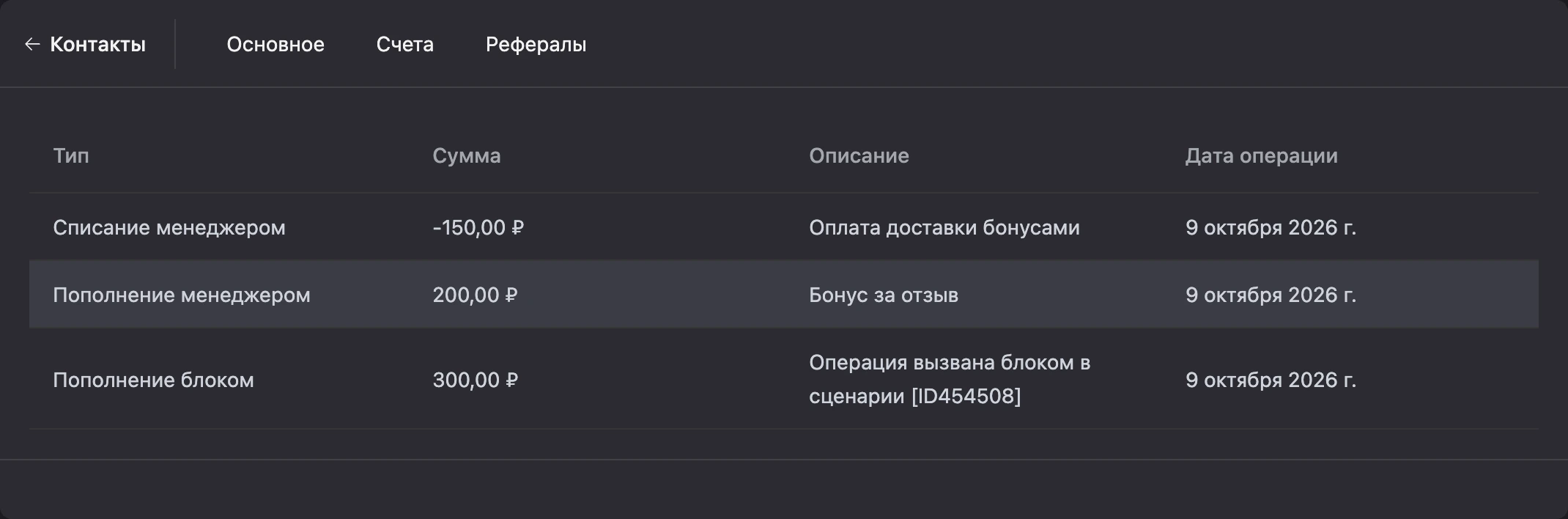 Журнал счёта: пополнение блоком, пополнение и списание менеджером