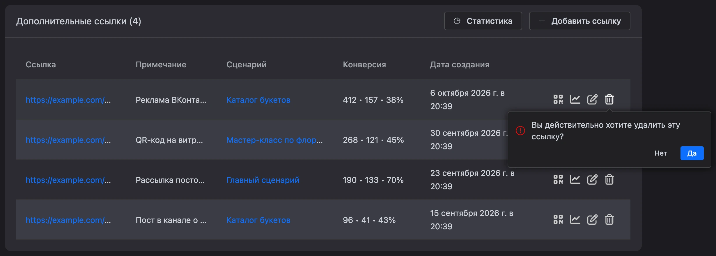 Подтверждение удаления ссылки в строке таблицы