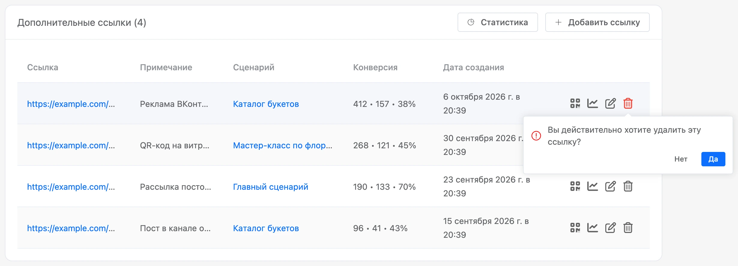 Подтверждение удаления ссылки в строке таблицы
