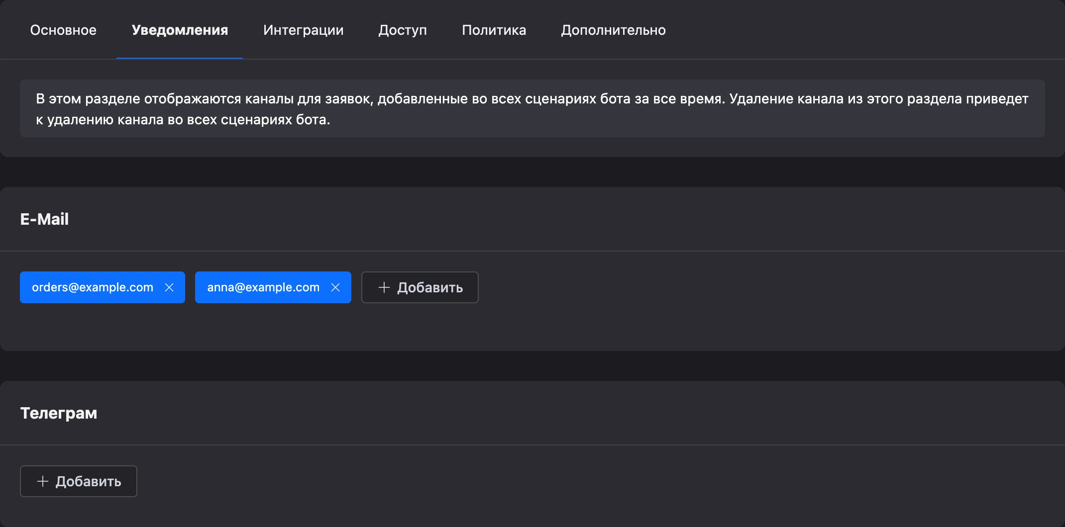 Вкладка «Уведомления»: адреса почты и карточка для чатов в мессенджере