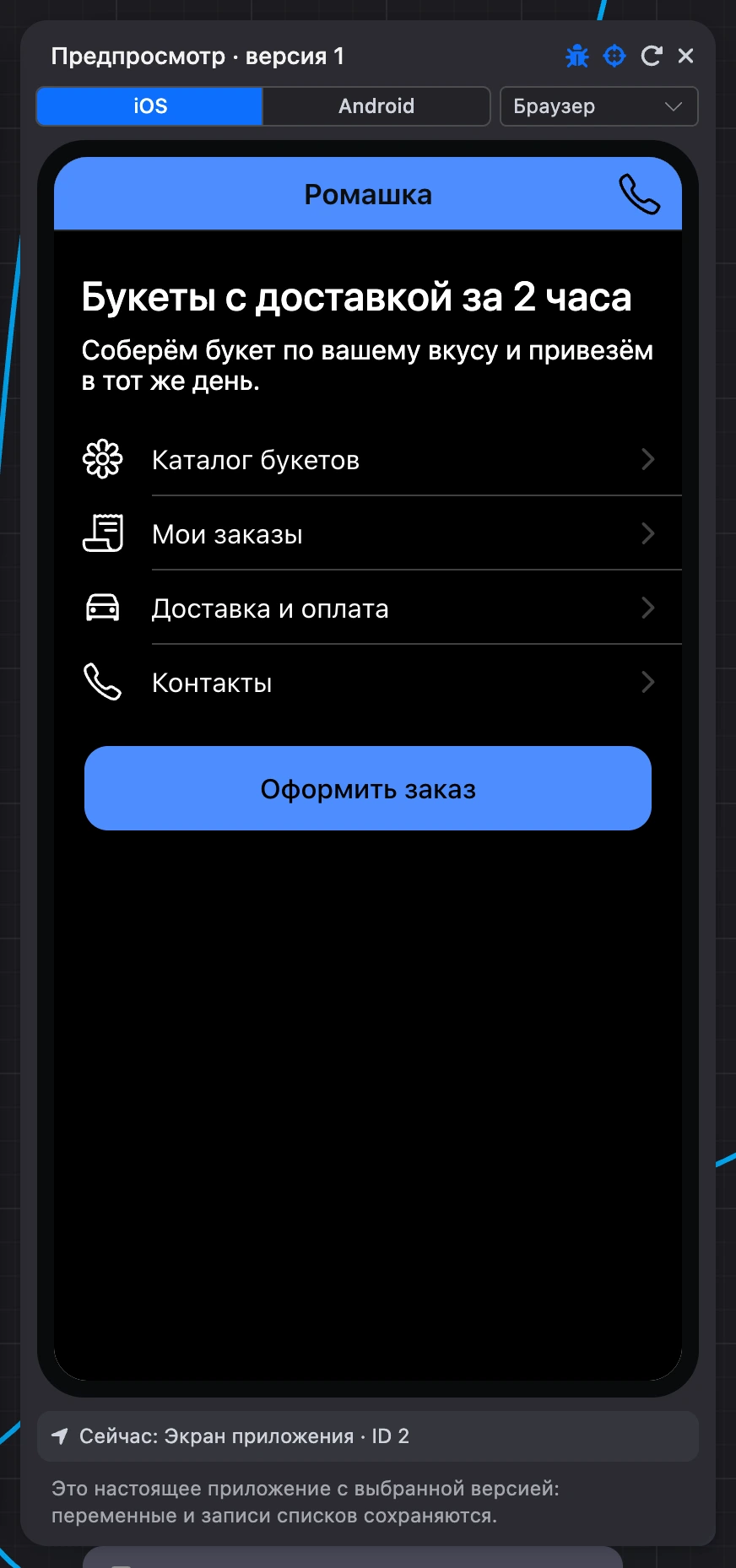 Панель «Предпросмотр» с приложением
