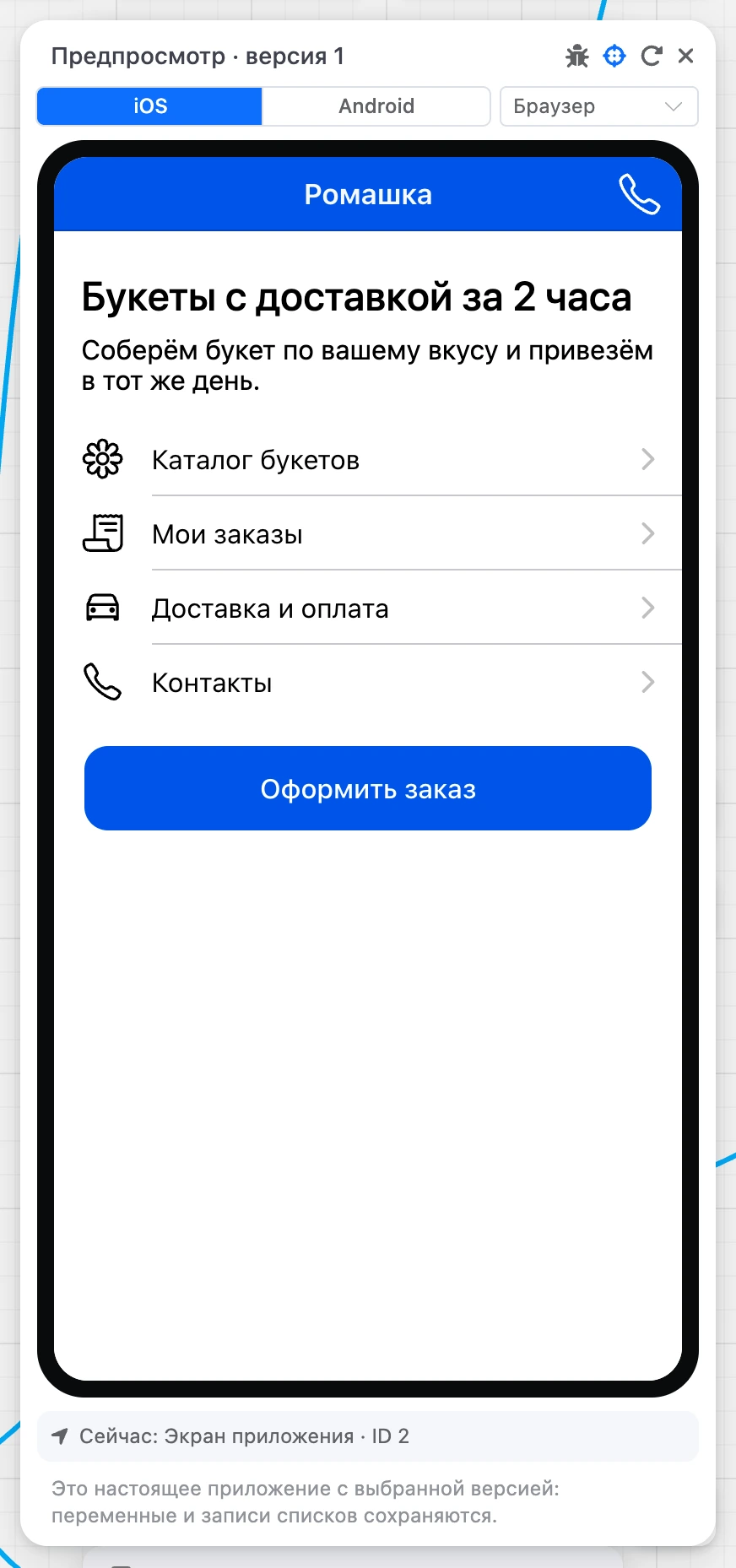 Панель «Предпросмотр» с приложением