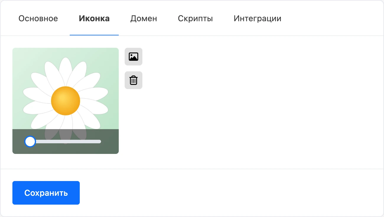 Вкладка «Иконка»: загруженная картинка в рамке с ползунком масштаба