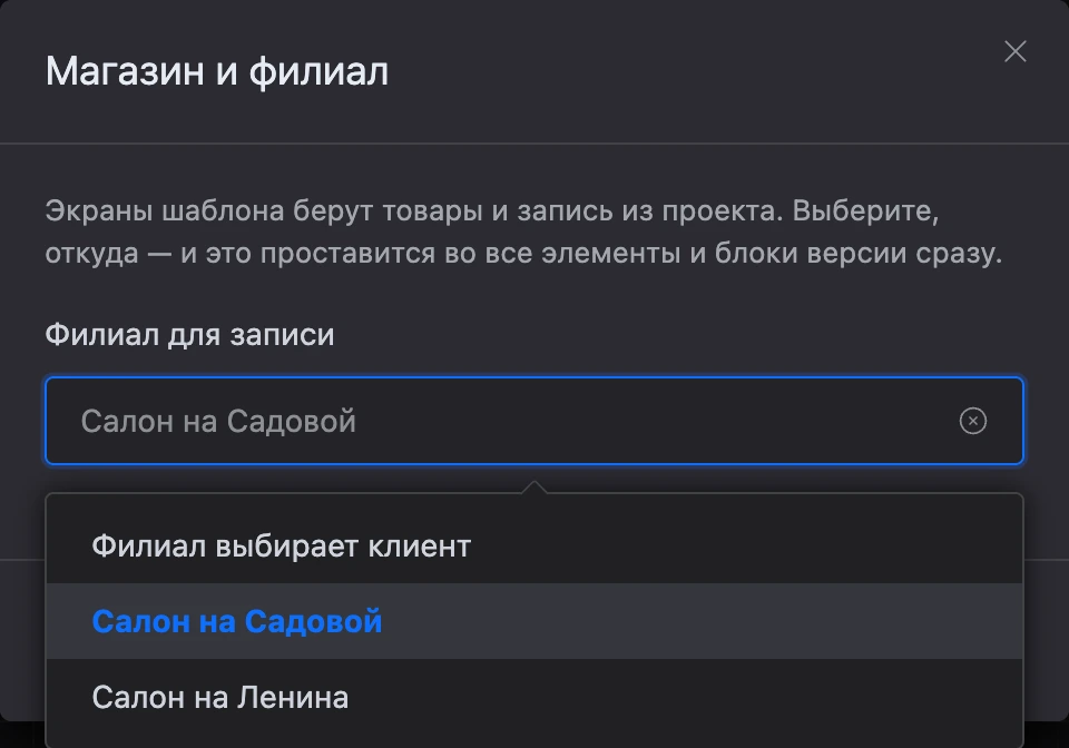 Окно «Магазин и филиал»: выбор филиала для записи