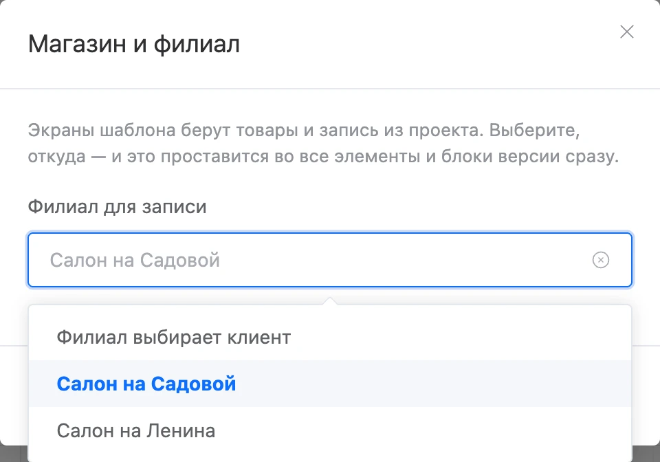 Окно «Магазин и филиал»: выбор филиала для записи