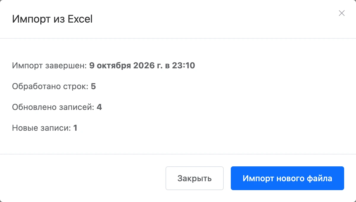 Отчёт о завершённом импорте