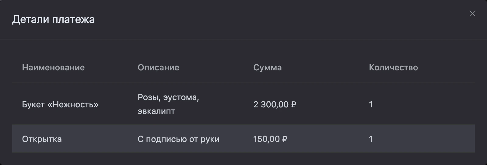 Окно «Детали платежа»